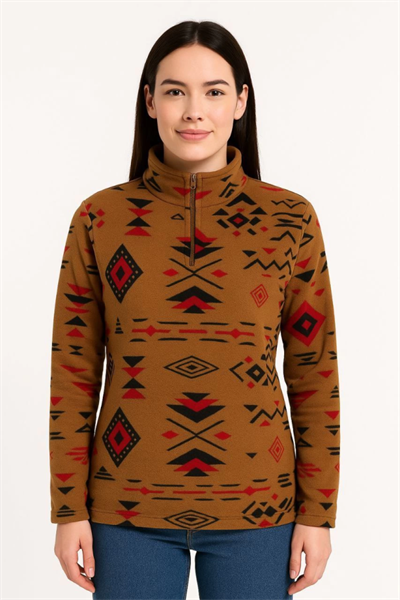 Yarım Fermuarlı Desenli Polar Sweat Tribal Etnik Desen Yakalı, Uzun Kollu, Oversize Rahat Kalıp - Kahverengi