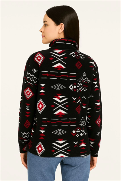 Yarım Fermuarlı Desenli Polar Sweat Tribal Etnik Desen Yakalı, Uzun Kollu, Oversize Rahat Kalıp - Siyah