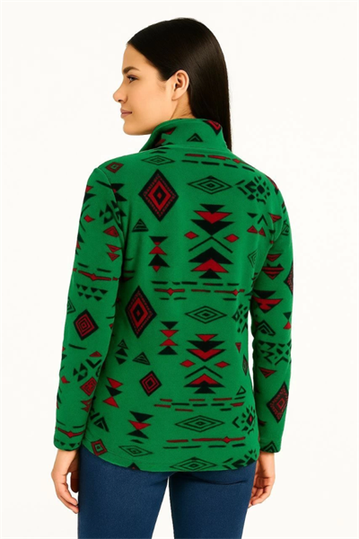 Yarım Fermuarlı Desenli Polar Sweat Tribal Etnik Desen Yakalı, Uzun Kollu, Oversize Rahat Kalıp - Yeşil