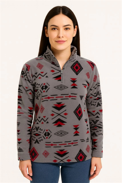Yarım Fermuarlı Desenli Polar Sweat Tribal Etnik Desen Yakalı, Uzun Kollu, Oversize Rahat Kalıp - Füme