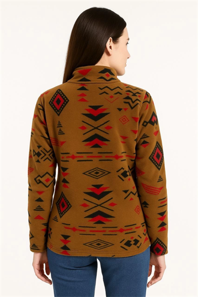 Yarım Fermuarlı Desenli Polar Sweat Tribal Etnik Desen Yakalı, Uzun Kollu, Oversize Rahat Kalıp - Kahverengi