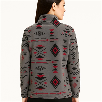 Yarım Fermuarlı Desenli Polar Sweat Tribal Etnik Desen Yakalı, Uzun Kollu, Oversize Rahat Kalıp - Füme