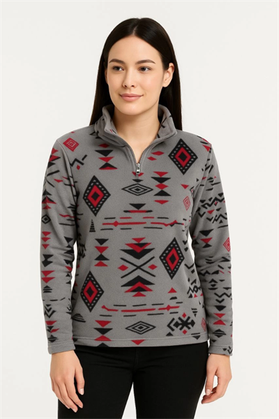 Yarım Fermuarlı Desenli Polar Sweat Tribal Etnik Desen Yakalı, Uzun Kollu, Oversize Rahat Kalıp - Füme
