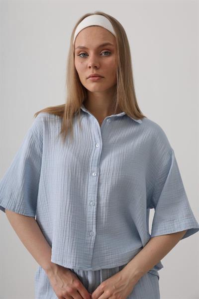 Yarım Kol Müslin Gömlek - Bebe Mavisi