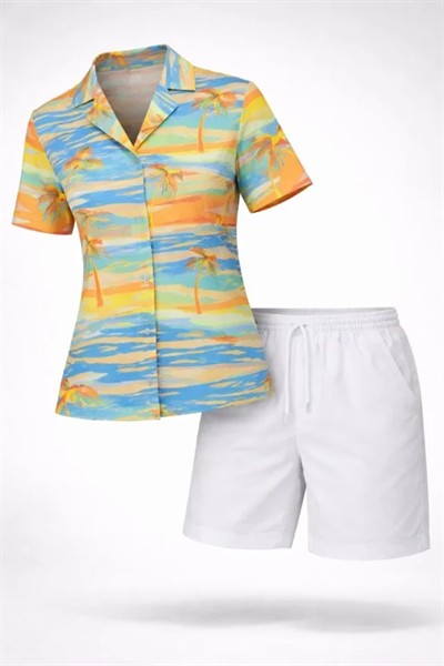 Yazlık Tropikal Desenli Gömlek Şort Takım Rahat Kalıp Tatil Kombin  - Desenli