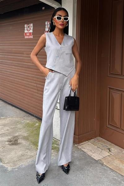 Yeleği Çapraz Detay Düğmeli Cepli Yelekli Takım 10150