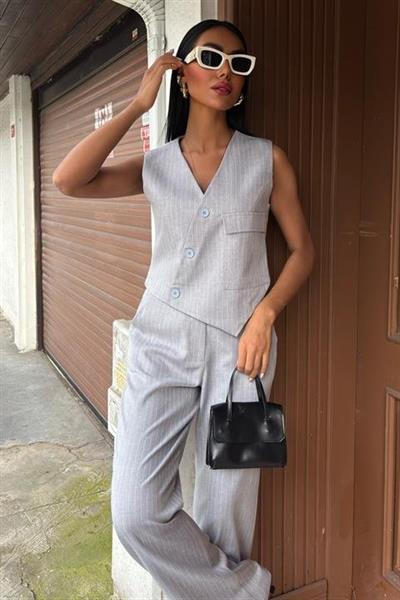 Yeleği Çapraz Detay Düğmeli Cepli Yelekli Takım 10150