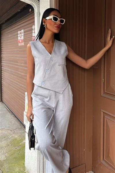 Yeleği Çapraz Detay Düğmeli Cepli Yelekli Takım 10150