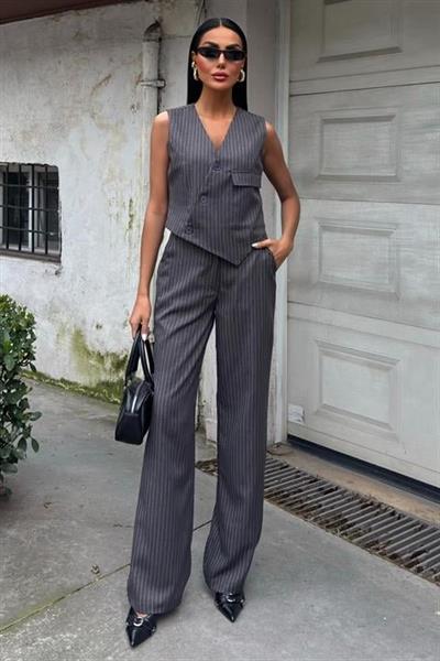 Yeleği Çapraz Detay Düğmeli Cepli Yelekli Takım 10150