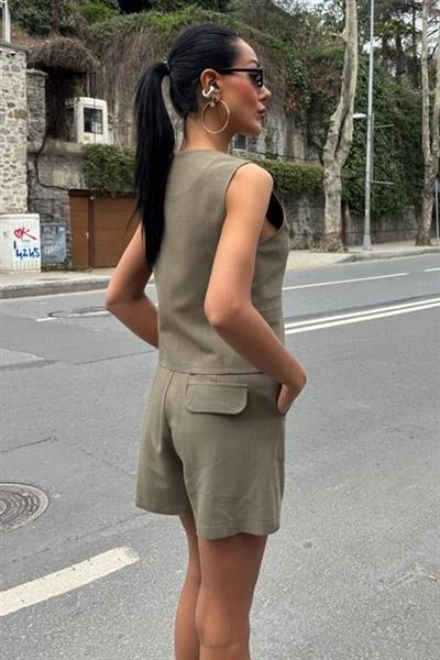 Yelek Şort Flamlı Keten Takım 10133-17