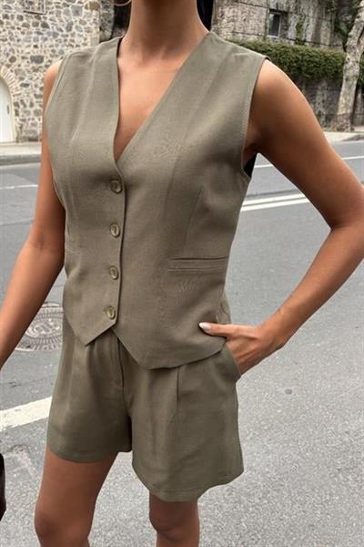 Yelek Şort Flamlı Keten Takım 10133-17