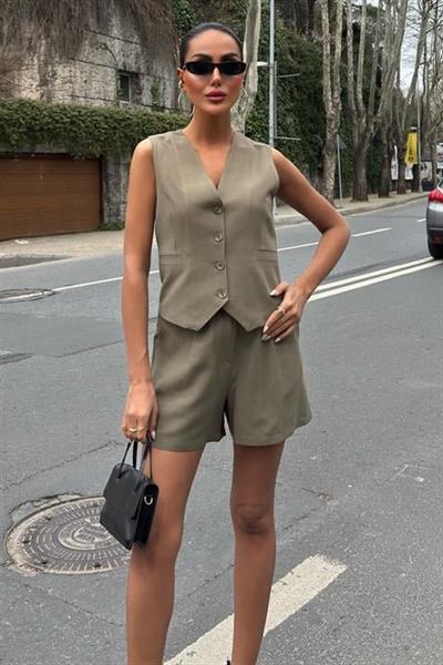 Yelek Şort Flamlı Keten Takım 10133-17