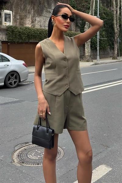 Yelek Şort Flamlı Keten Takım 10133-17