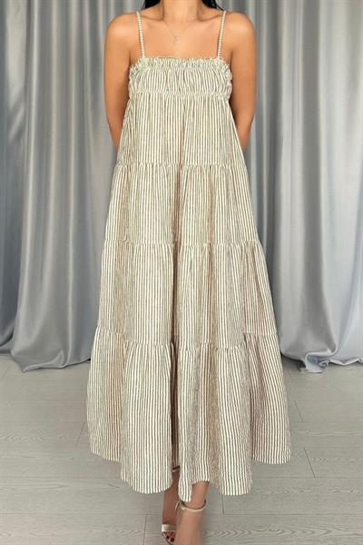 Yeşil Askılı Parçalı Çizgili Müslin Elbise
