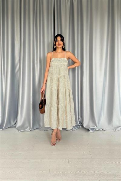 Yeşil Askılı Parçalı Çizgili Müslin Elbise