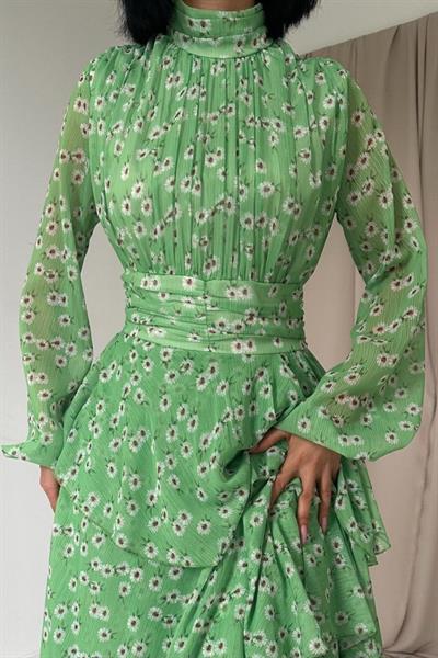 Yeşil Bel Detaylı Elbise