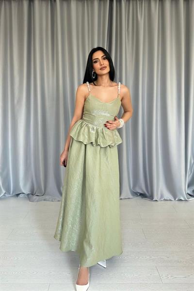 Yeşil Beli Büzgülü İnci Askılı Uzun Elbise