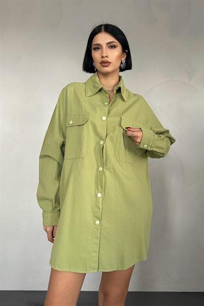 Yeşil Çift Cep Kapaklı Çıtçıtlı Gömlek