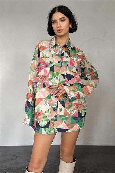 Yeşil Desenli Kapitone Cepli Gömlek