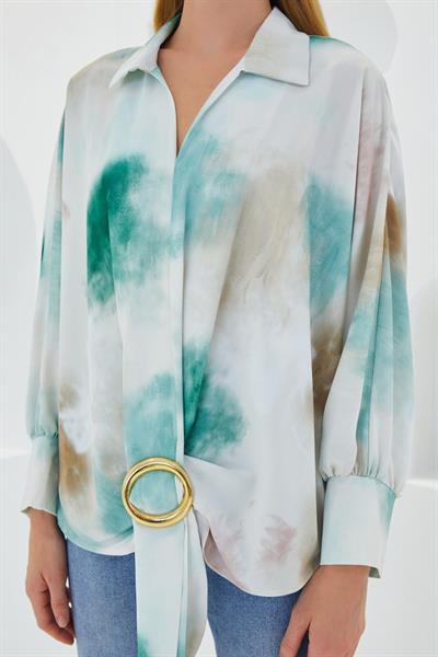 Yeşil Ekru Oversize Dökümlü Saten Gömlek 907