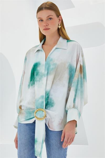 Yeşil Ekru Oversize Dökümlü Saten Gömlek 907
