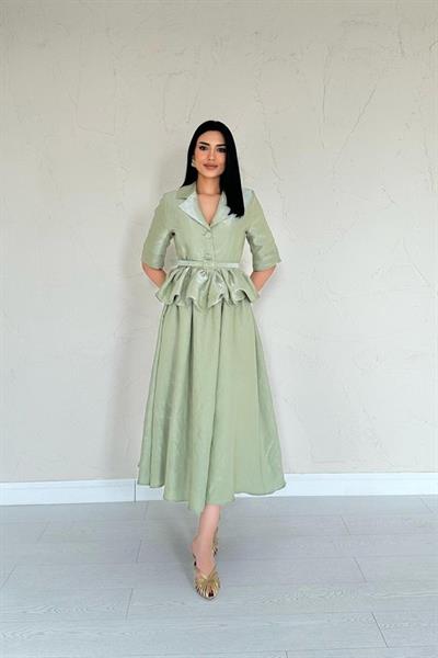 Yeşil İnce Kemerli Fırfırlı Ceket Ve Büzgülü Etek Takım