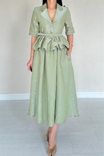 Yeşil İnce Kemerli Fırfırlı Ceket Ve Büzgülü Etek Takım