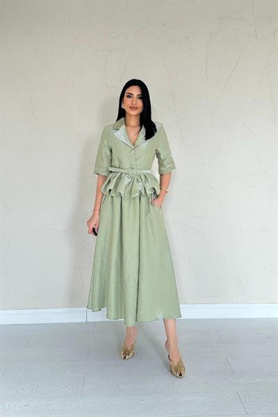 Yeşil İnce Kemerli Fırfırlı Ceket Ve Büzgülü Etek Takım