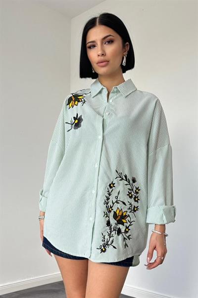 Yeşil Klasik Bedensiz Çizgili Poplin Nakışlı Gömlek