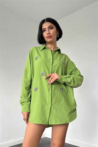 Yeşil Klasik Kalıp El İşlemeli Gömlek