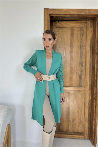 Yeşil Kolları Örgülü Triko Hırka