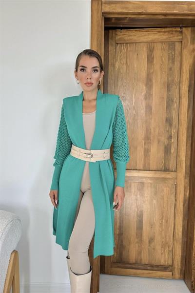 Yeşil Kolları Örgülü Triko Hırka