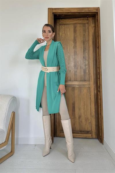 Yeşil Kolları Örgülü Triko Hırka