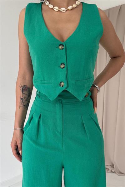 Yeşil Önü Düğmeli Yelek Ve Pantolon Takım