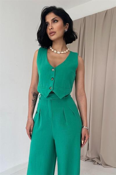 Yeşil Önü Düğmeli Yelek Ve Pantolon Takım