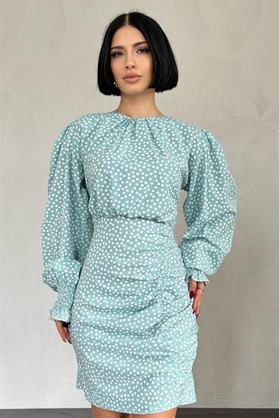 Yeşil Puantiyeli Önü Büzgülü Elbise