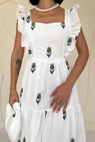 Yeşil Sıfır Kol Fırfırlı Elbise