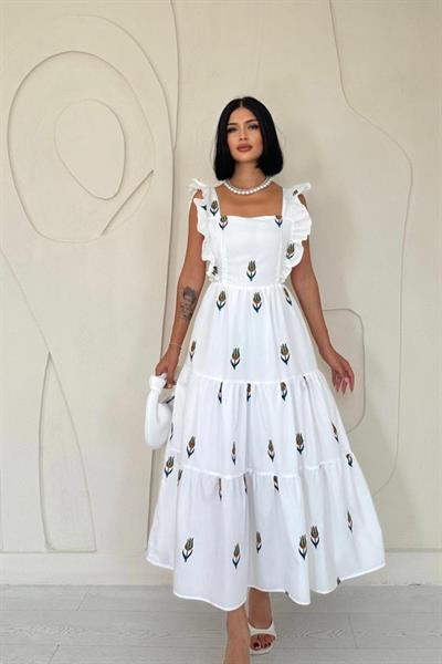 Yeşil Sıfır Kol Fırfırlı Elbise