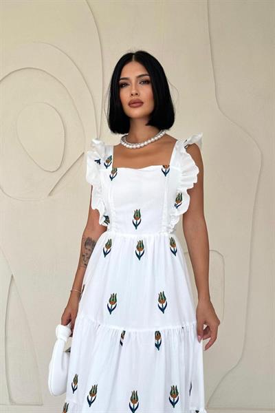 Yeşil Sıfır Kol Fırfırlı Elbise