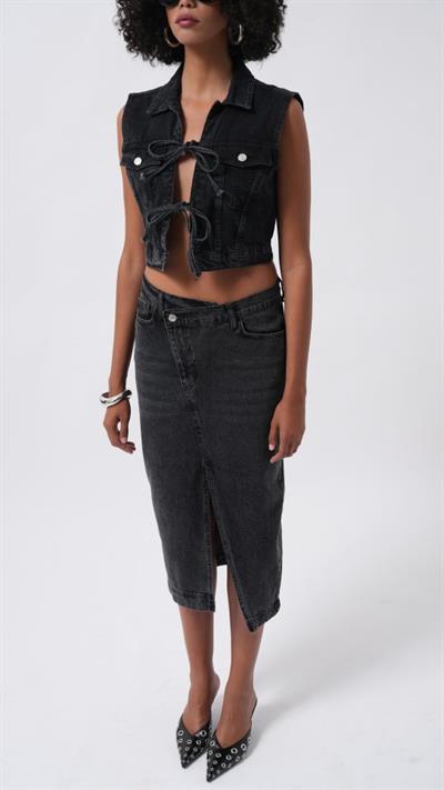 Yırtmaç Detay Denim Midi Etek