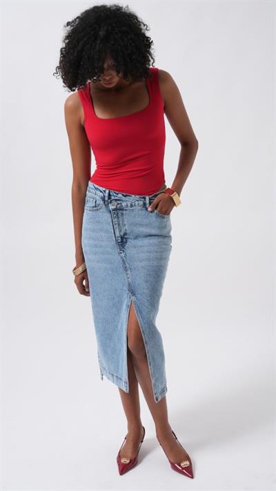 Yırtmaç Detay Denim Midi Etek