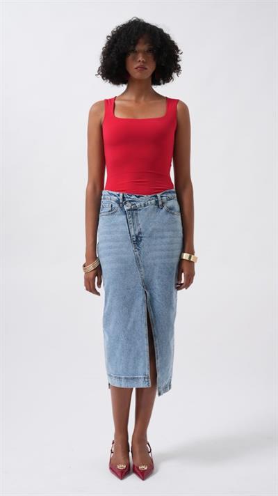Yırtmaç Detay Denim Midi Etek