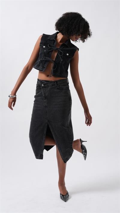 Yırtmaç Detay Denim Midi Etek