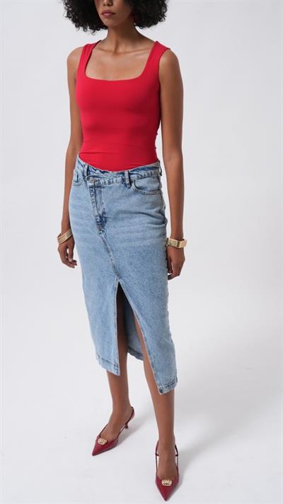 Yırtmaç Detay Denim Midi Etek