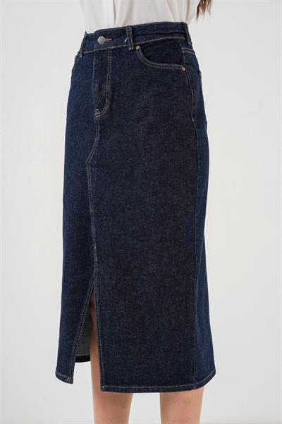 Yırtmaçlı Midi Kot Etek 8038 - Lacivert