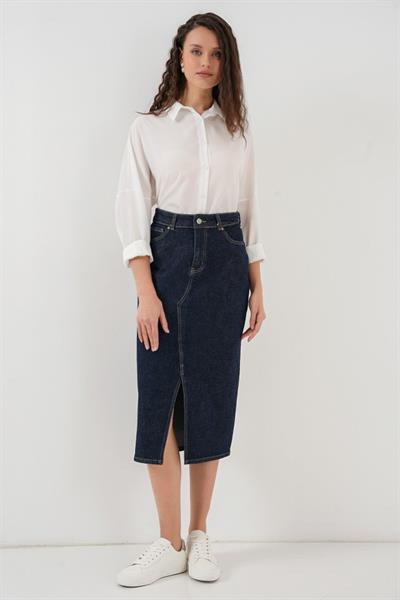 Yırtmaçlı Midi Kot Etek 8038 - Lacivert