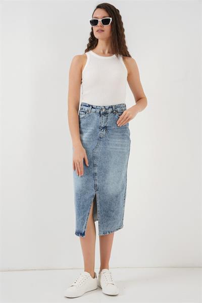 Yırtmaçlı Midi Kot Etek 8038 - Mavi
