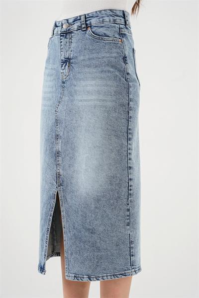 Yırtmaçlı Midi Kot Etek 8038 - Mavi