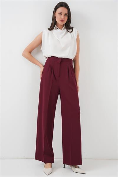 Yüksek Bel Bol Kumaş Pantolon 6697 - Bordo