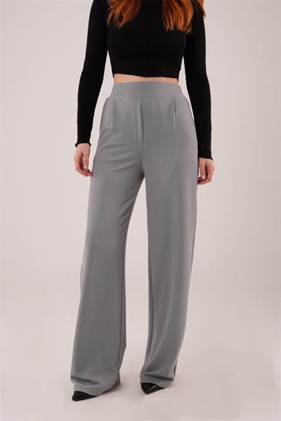 Yüksek Bel Bol Paça Krep Gri Pantolon